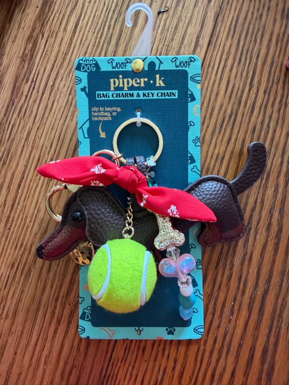 PIPER K 💙Brown Dachshund Dog Keychain with Red Bandana and Yellow Tennis Ball